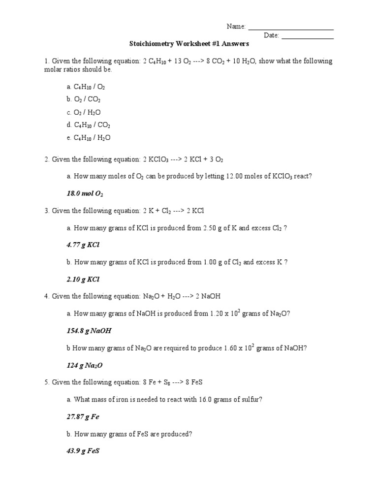 stoichiometry exercises with answers pdf